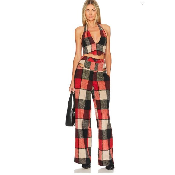 AFRM Willis Cutout Wide Leg Large Plaid Black Red Pants 30 - Picture 1 of 4